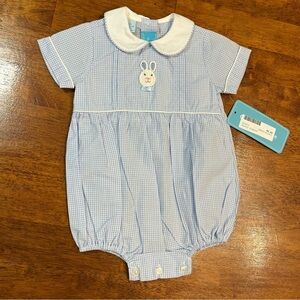 Claire and Charlie Boys blue plaid gingham bunny embroidered romper size 3 month